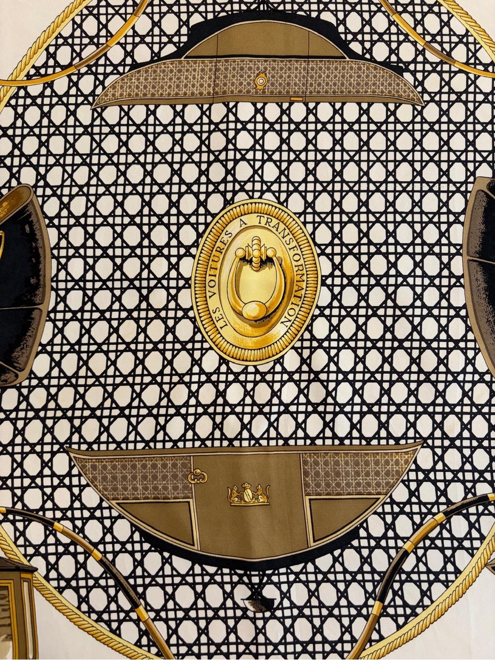 Hermes Silk Scarf Carré 90 Scarf Black Gold White Hand Rolled Made In France - Picture 3 of 13